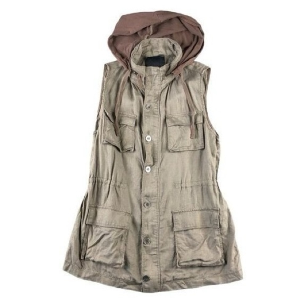 Harlowe & Graham Tan Linen Utility Field Vest with Hood
